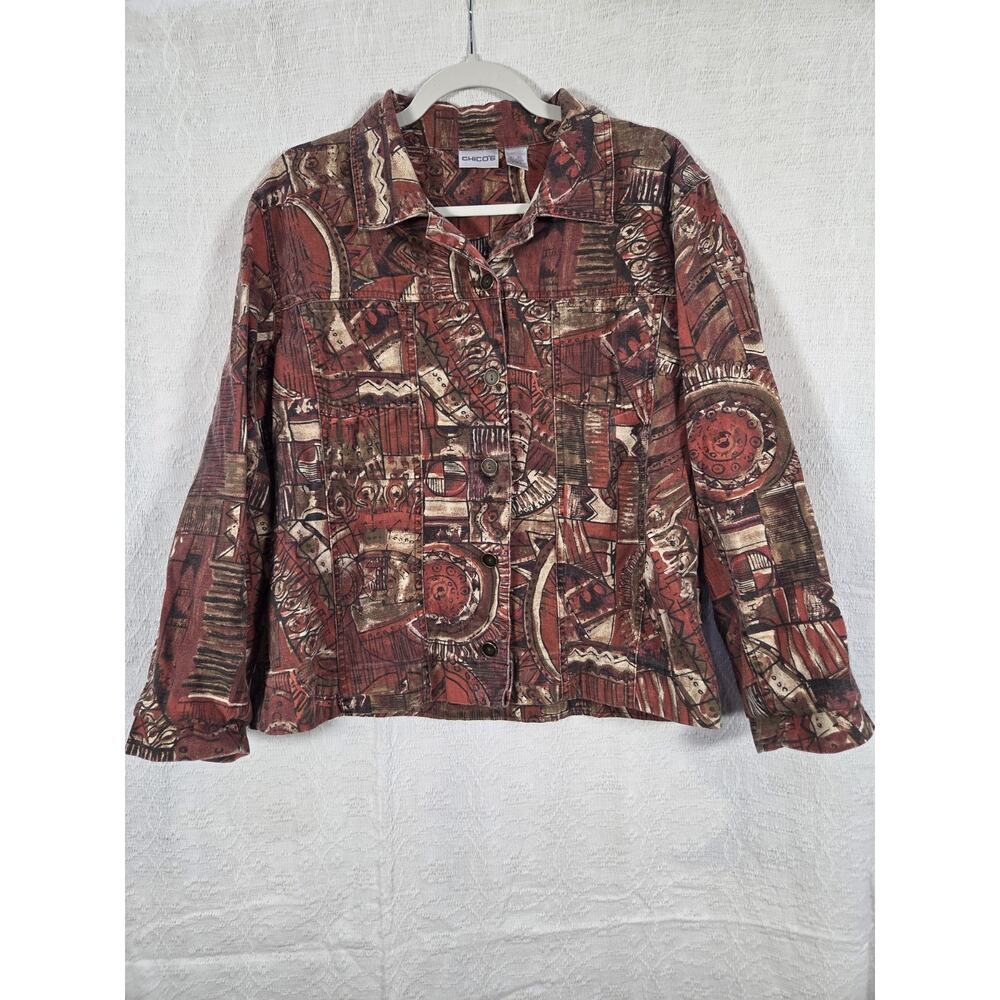 Chico's Pattern Button Down Jacket With Colorful Patchwork Print Chicos Size 2/L